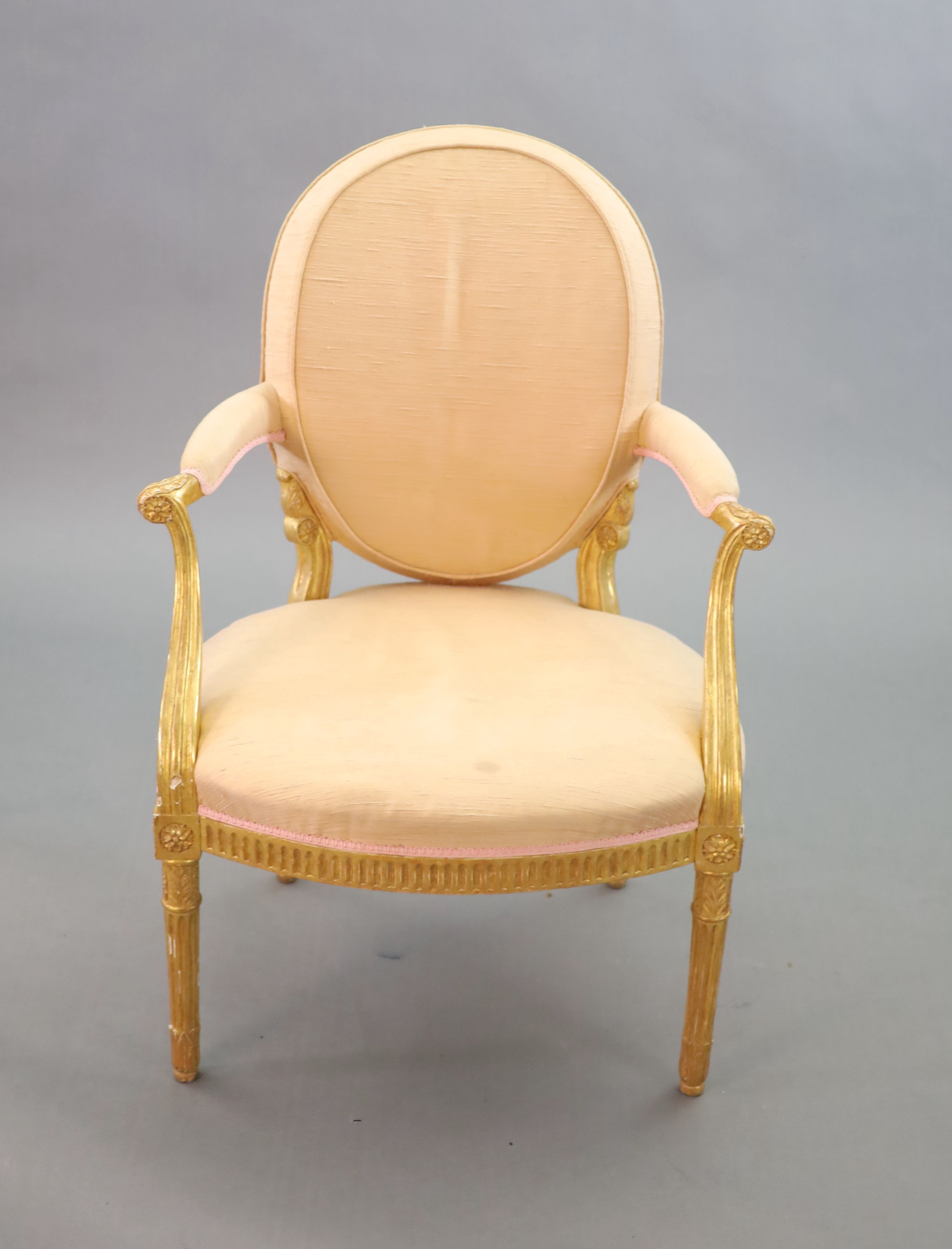 A George III giltwood open armchair, W.64cm H.90cm D.60cm